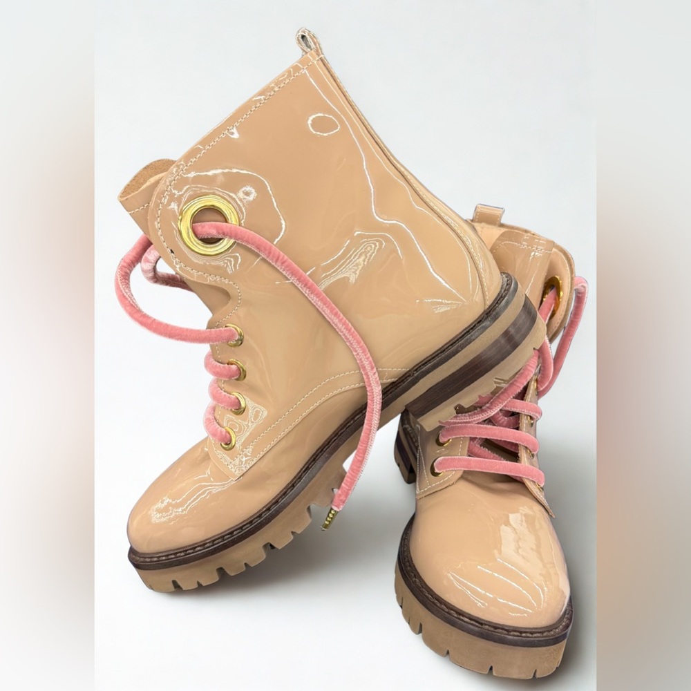 AGL Women's Beige Patent Leather Combat Boots
